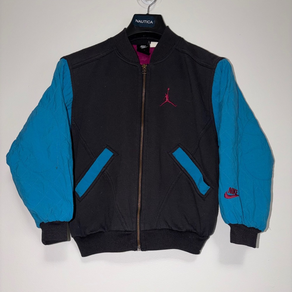 Vintage Nike Air Jordan Bomber Jacket Boys Medium 10-12 Black Teal 90s Zip Up